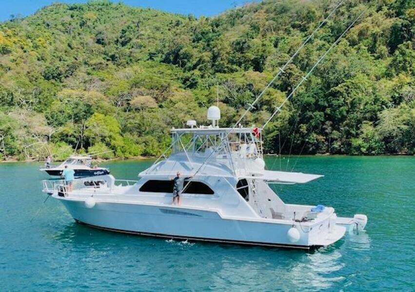 1988 Bertram 54' yacht on serene water, surrounded by lush green hills.