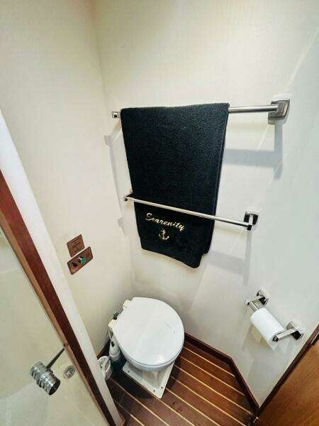 1988 Bertram 54' yacht bathroom with towel, toilet, and wooden floor.