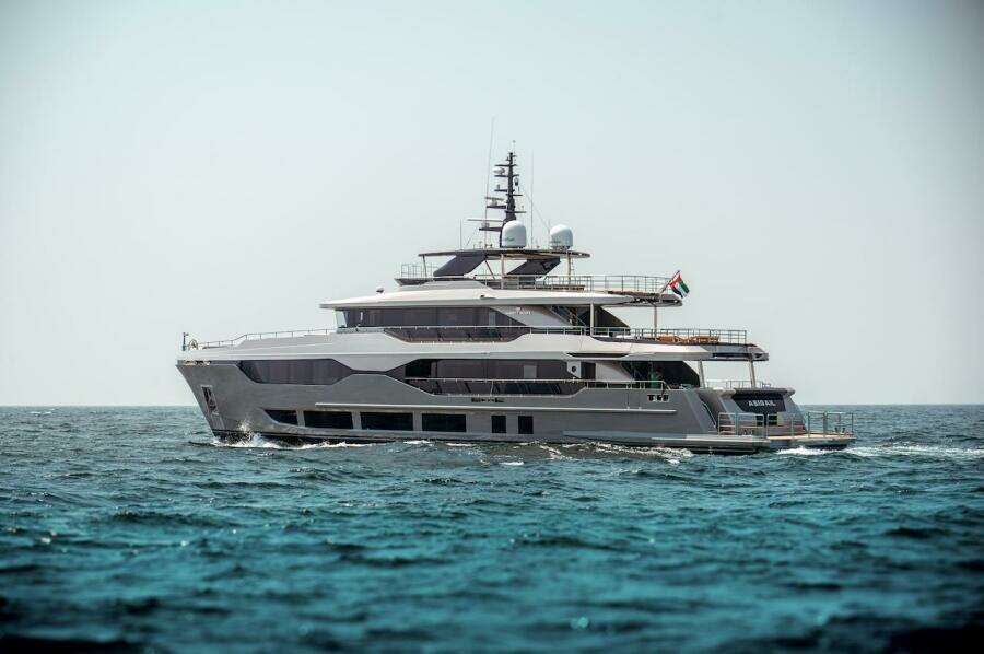 Luxury yacht Majesty 120, 2025 model, cruising on open sea.