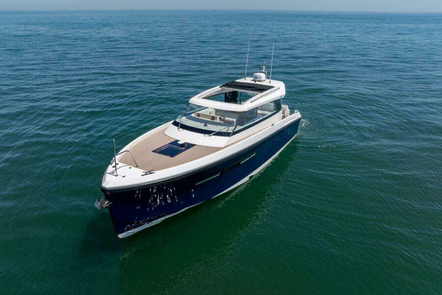 2023 Delta Powerboats 33 Coupe London Calling port forward quarter