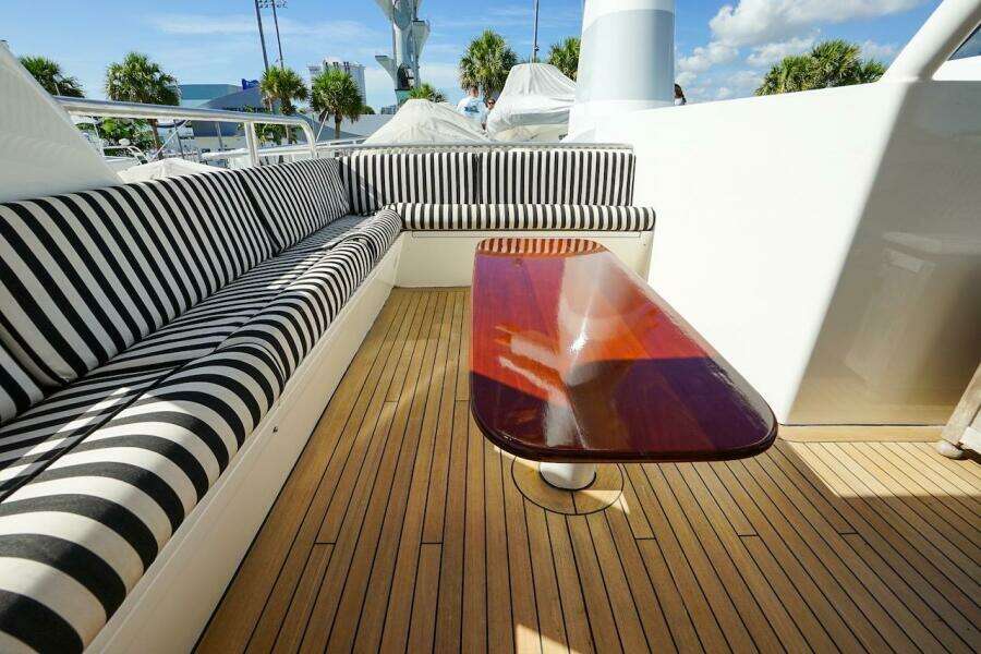 Luxurious 1996 ABD 90 Explorer yacht deck with seating and helm chairs.
