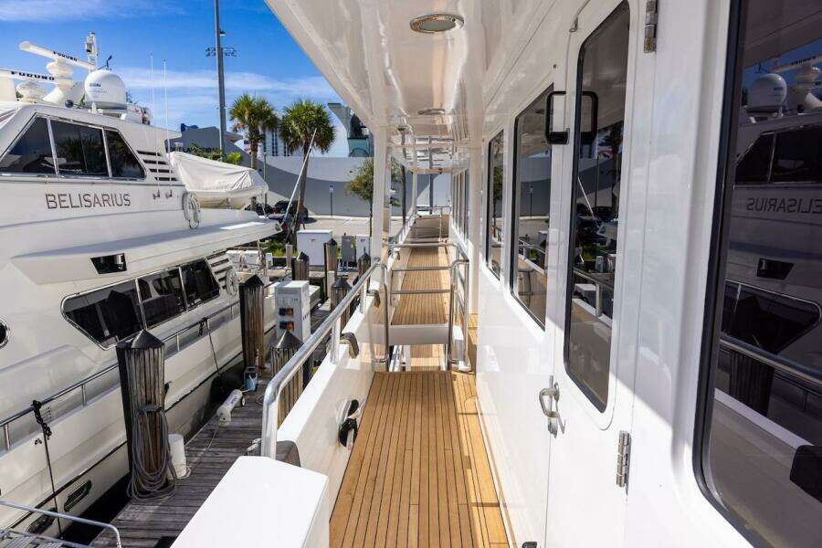 Side deck of 1996 ABD 90 Explorer yacht docked at marina.