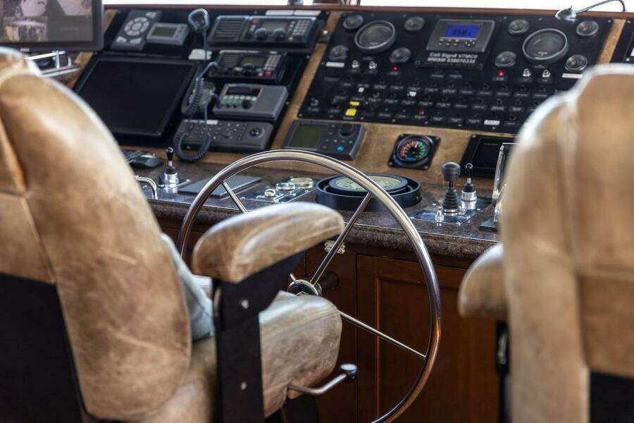 Interior of 1996 ABD 90 Explorer with nautical instruments and "Rosa" plaque.