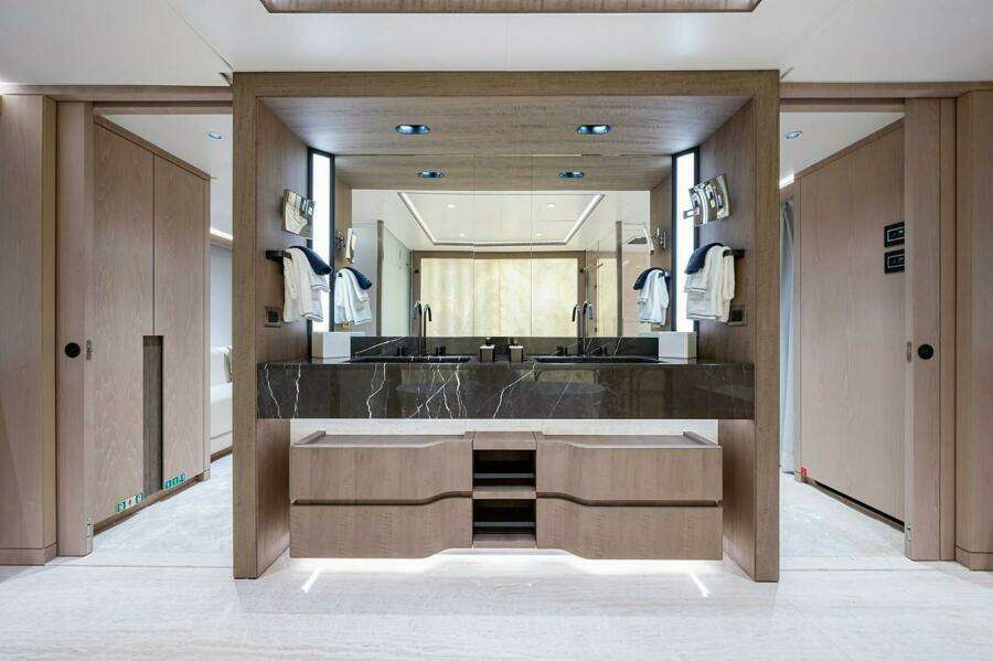 Luxurious bathroom interior on 2020 Majesty 140 yacht, featuring modern design and elegant finishes.