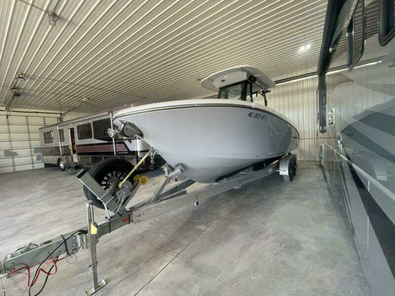 Front View of Stingray Center Console Boat in Storage Facility